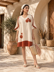 Rust Orange and Cream A-Line Dress with Crochet Floral Patch Work in Cotton Flex