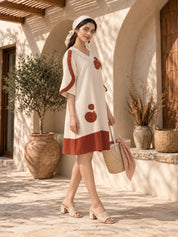 Rust Orange and Cream A-Line Dress with Crochet Floral Patch Work in Cotton Flex