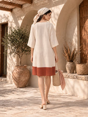 Rust Orange and Cream A-Line Dress with Crochet Floral Patch Work in Cotton Flex