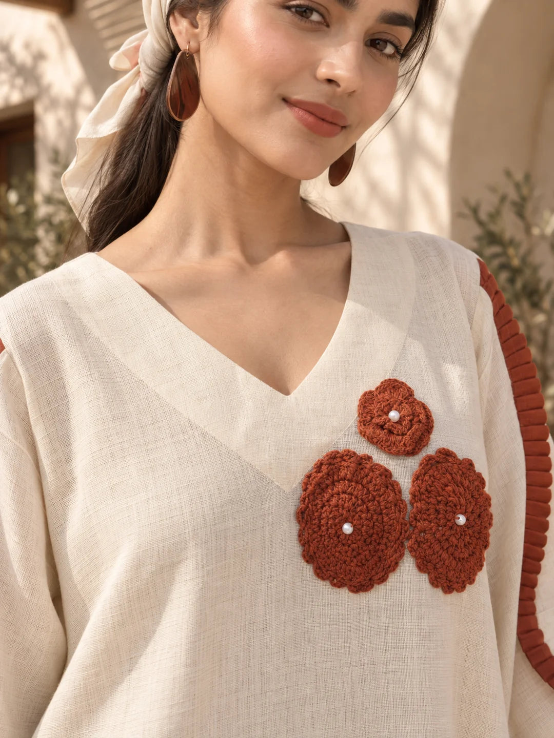 Rust Orange and Cream A-Line Dress with Crochet Floral Patch Work in Cotton Flex