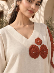 Rust Orange and Cream A-Line Dress with Crochet Floral Patch Work in Cotton Flex