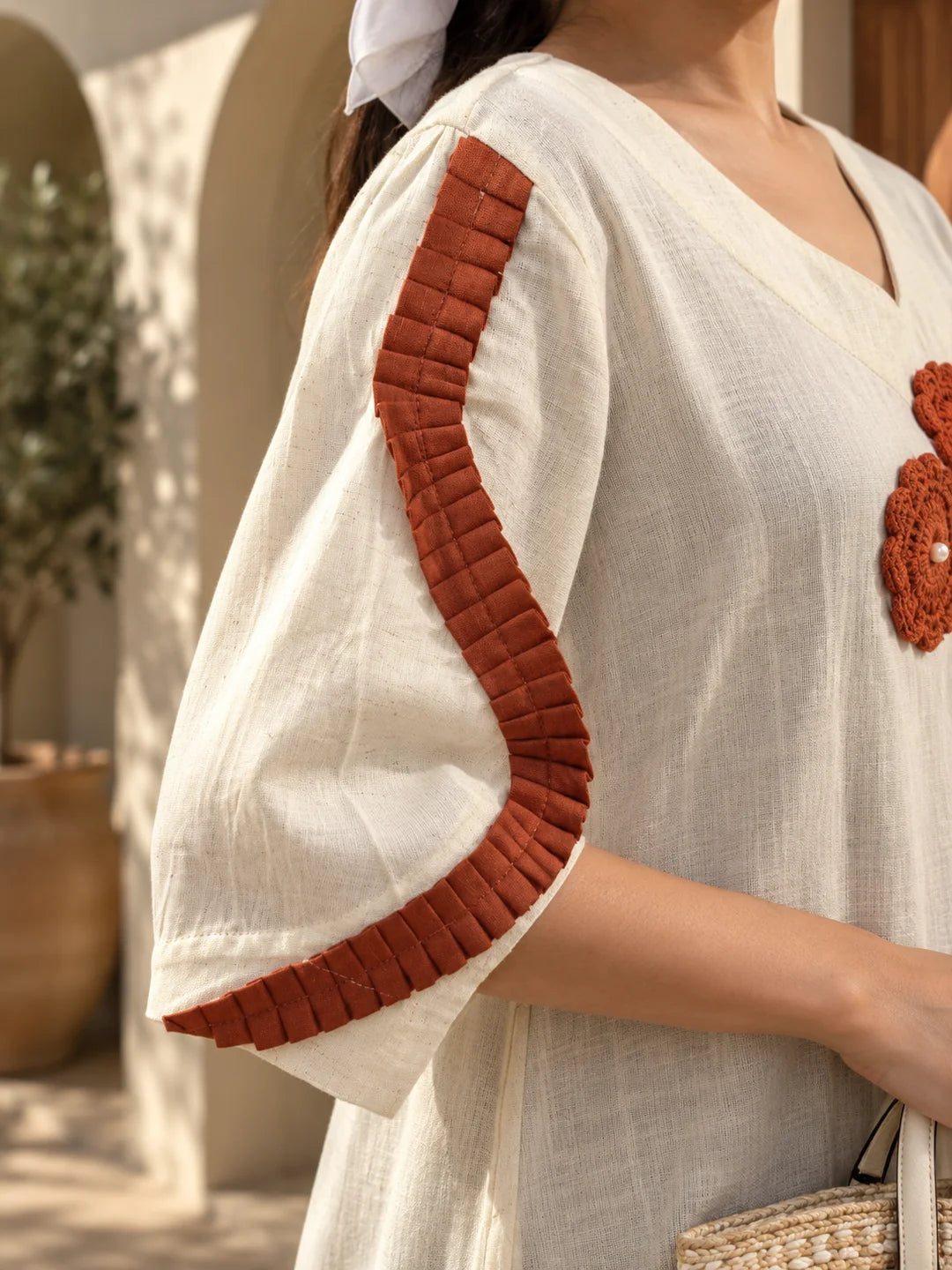 Rust Orange and Cream A-Line Dress with Crochet Floral Patch Work in Cotton Flex