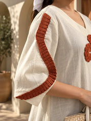 Rust Orange and Cream A-Line Dress with Crochet Floral Patch Work in Cotton Flex