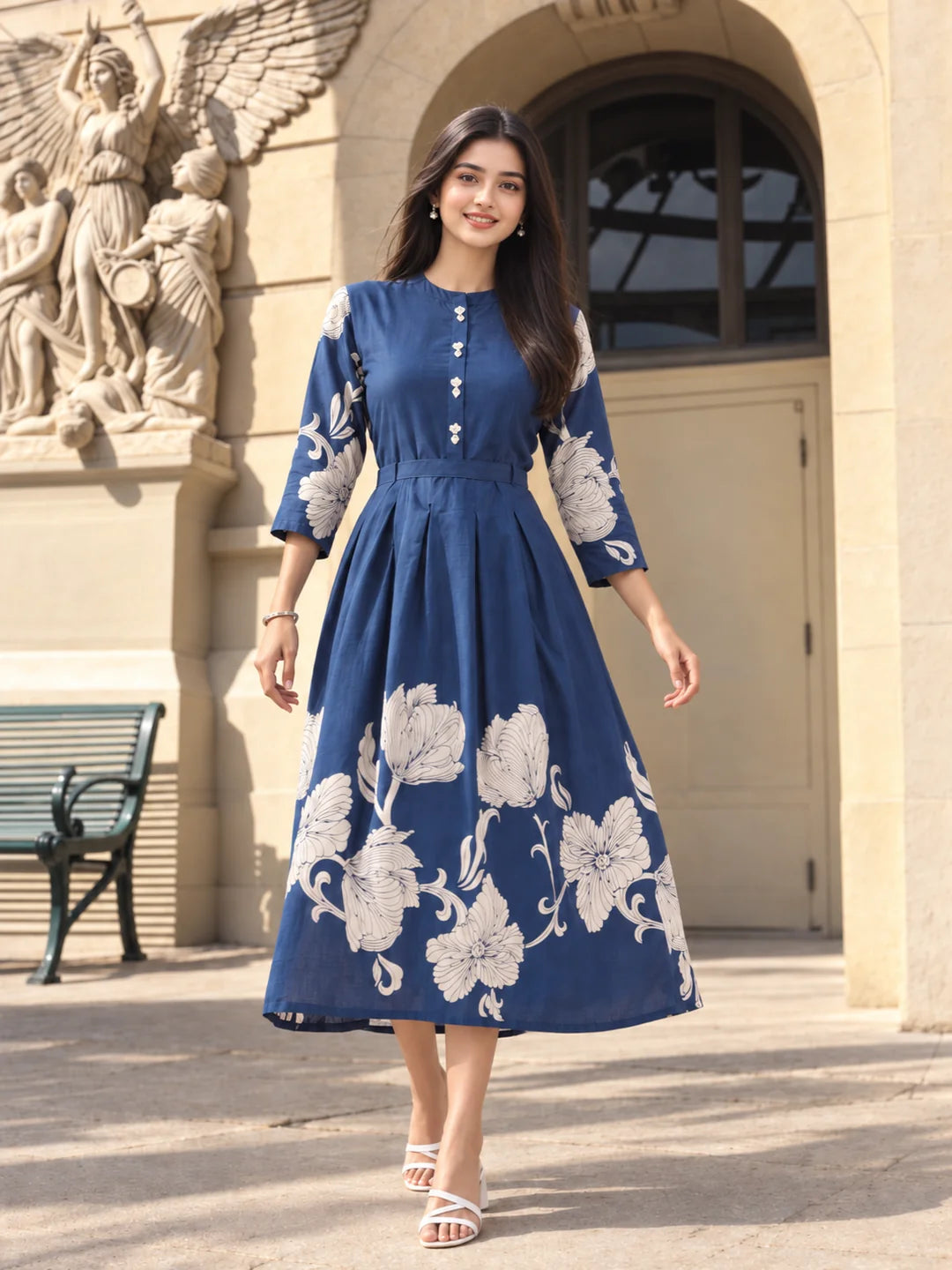 Teal Blue Bold Floral Printed Midi Dress In Russian Silk