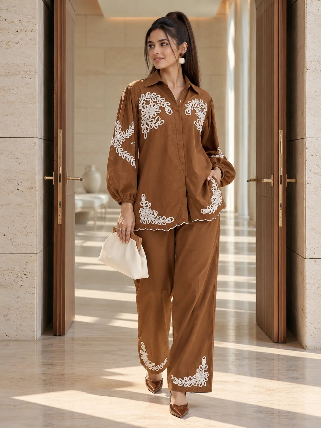 Chocolate Brown Cord Embroidered Scallop Co-ord Set in Cotton