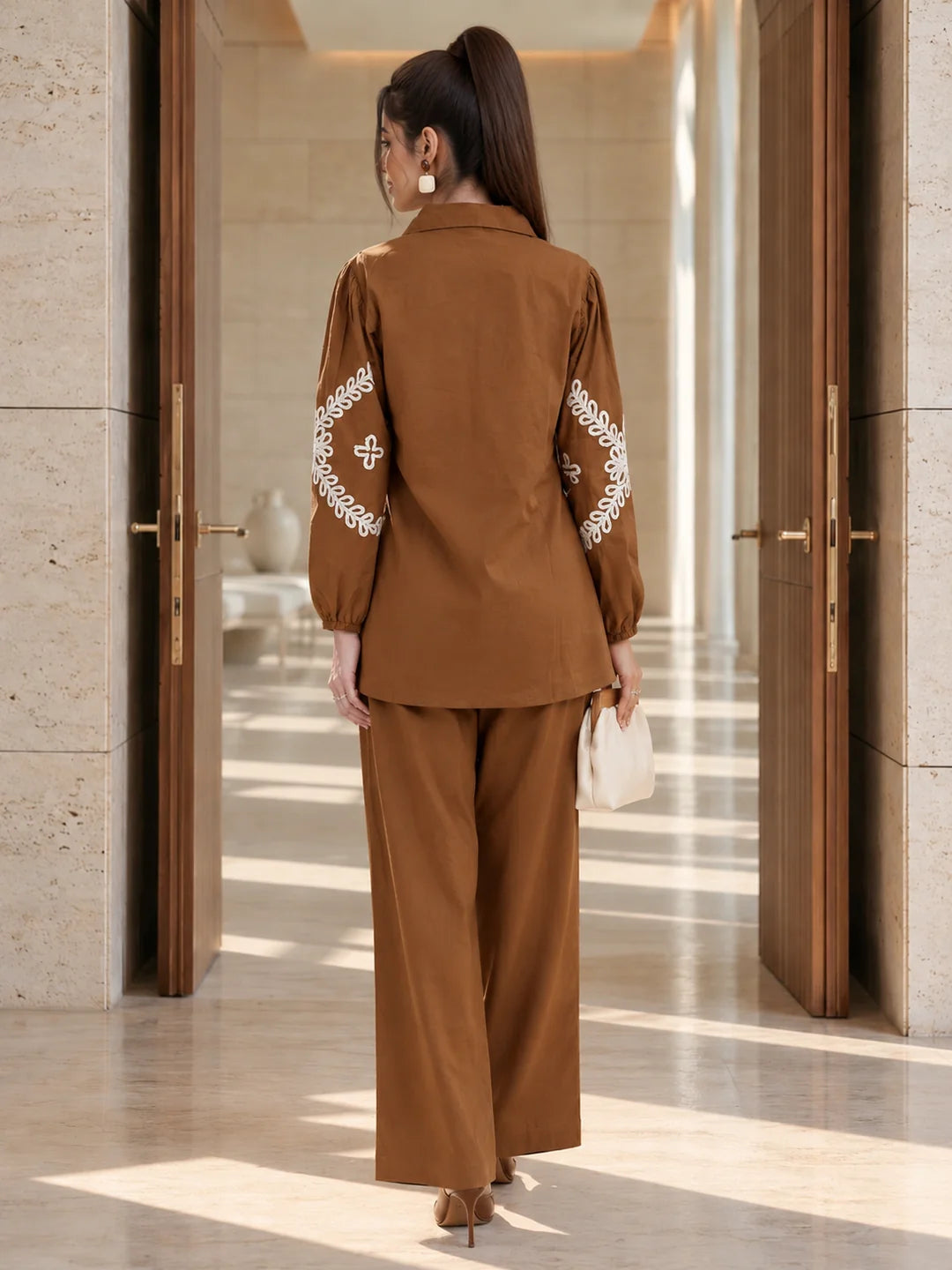 Chocolate Brown Cord Embroidered Scallop Co-ord Set in Cotton