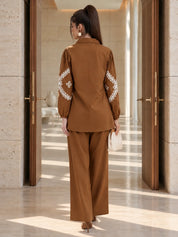 Chocolate Brown Cord Embroidered Scallop Co-ord Set in Cotton