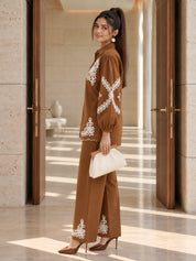 Chocolate Brown Cord Embroidered Scallop Co-ord Set in Cotton