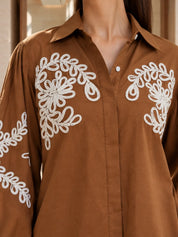 Chocolate Brown Cord Embroidered Scallop Co-ord Set in Cotton