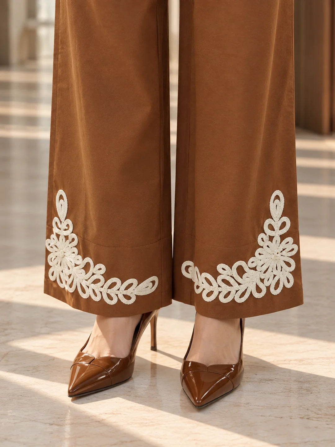 Chocolate Brown Cord Embroidered Scallop Co-ord Set in Cotton