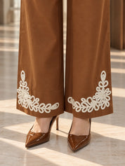 Chocolate Brown Cord Embroidered Scallop Co-ord Set in Cotton