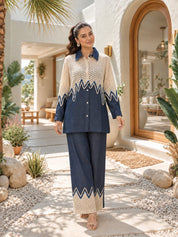 Indigo Chevron Lace Panel Co-ord Set in Cotton Denim
