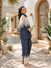 Indigo Chevron Lace Panel Co-ord Set in Cotton Denim