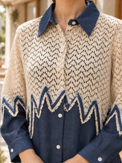Indigo Chevron Lace Panel Co-ord Set in Cotton Denim