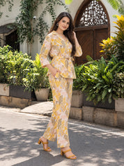 Canary Yellow & Green Leaf Viscose Flex  Print Tie-Front Co-Ord Set