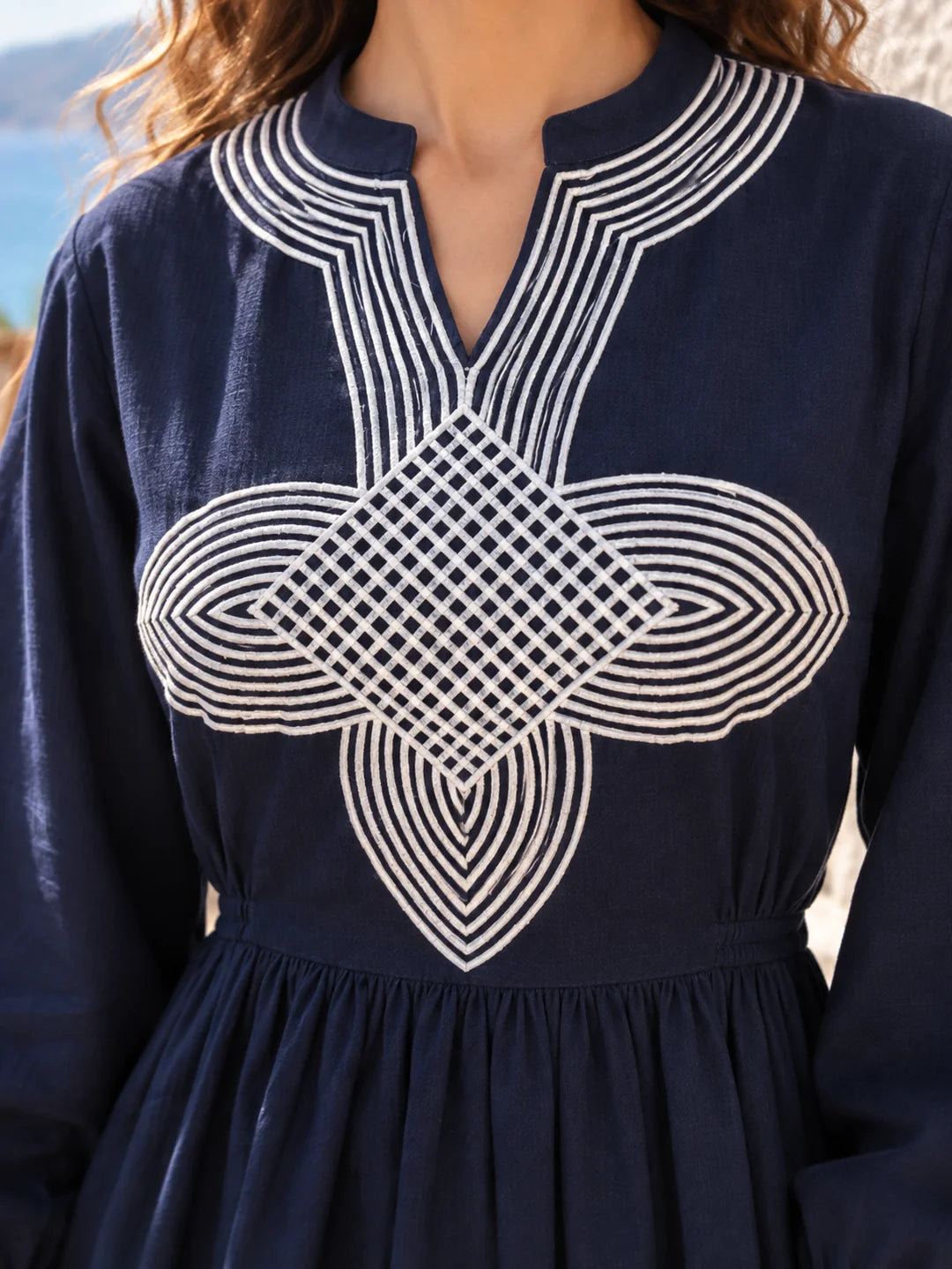 Navy Blue Mandarin V-Notch A-Line Dress with White Abstract Embroidery in Cotton Flex