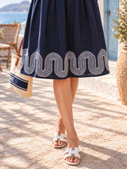 Navy Blue Mandarin V-Notch A-Line Dress with White Abstract Embroidery in Cotton Flex