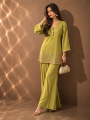 Lime Green Gold Embroidered Tassel Detail Co-ord Set in Muslin