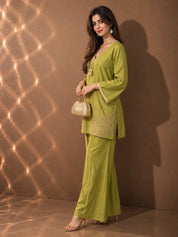 Lime Green Gold Embroidered Tassel Detail Co-ord Set in Muslin