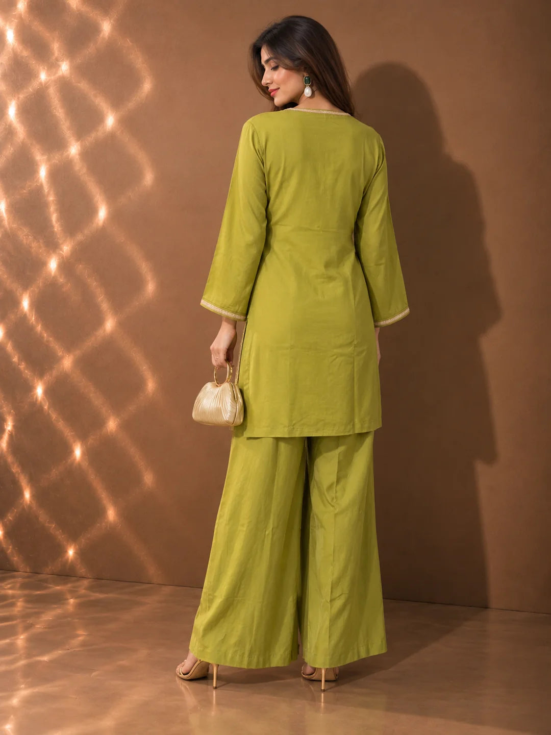 Lime Green Gold Embroidered Tassel Detail Co-ord Set in Muslin