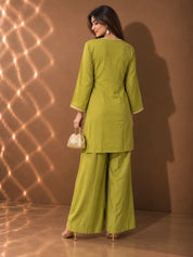 Lime Green Gold Embroidered Tassel Detail Co-ord Set in Muslin