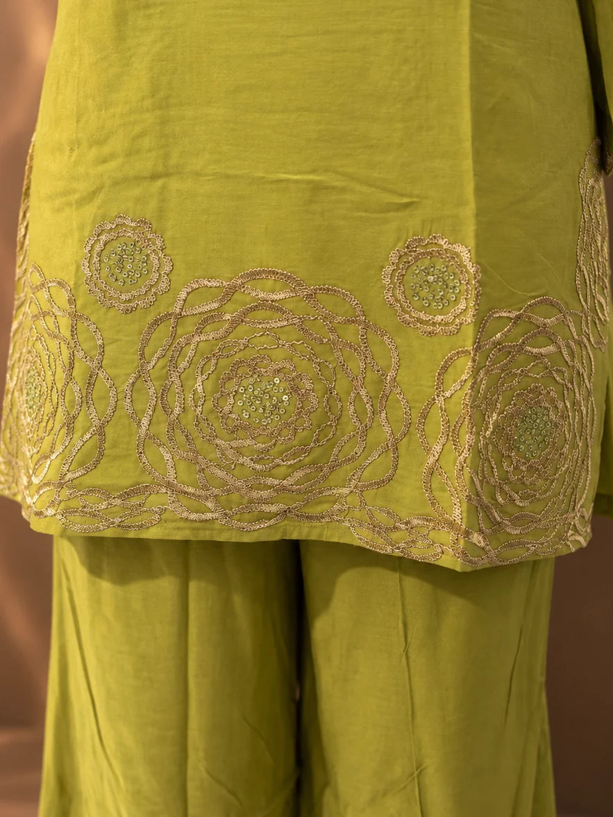 Lime Green Gold Embroidered Tassel Detail Co-ord Set in Muslin