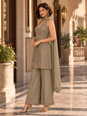 Grey Sequin Embroidered Sleeveless Kurta Set with Strap Dupatta in Shimmer Tissue