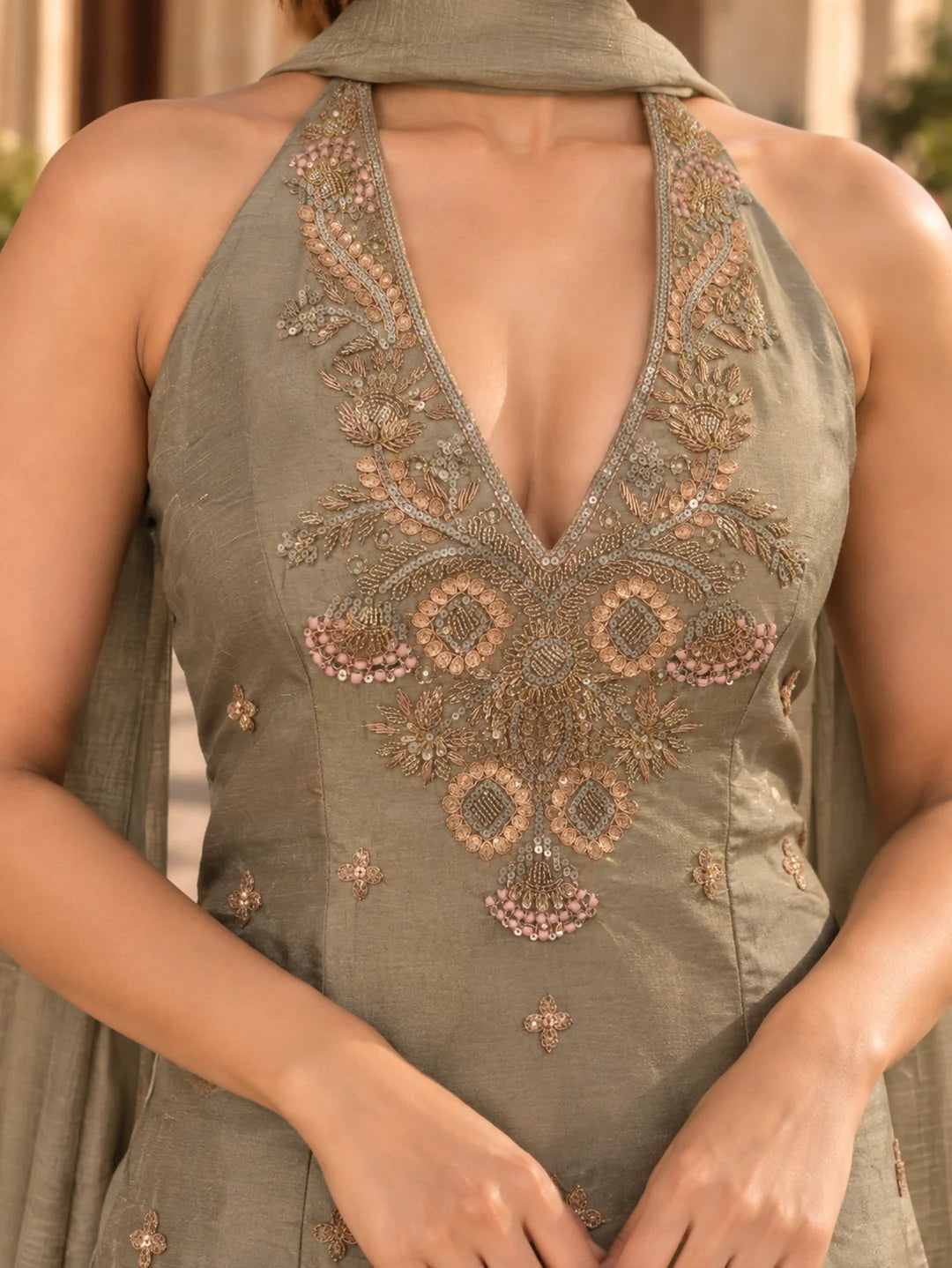 Grey Sequin Embroidered Sleeveless Kurta Set with Strap Dupatta in Shimmer Tissue