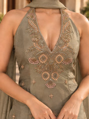 Grey Sequin Embroidered Sleeveless Kurta Set with Strap Dupatta in Shimmer Tissue