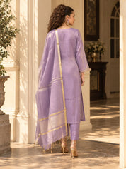Lilac Embroidered Yoke Kurta Set with Dupatta in Tissue