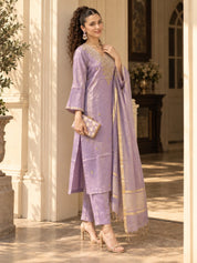 Lilac Embroidered Yoke Kurta Set with Dupatta in Tissue