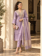 Lilac Embroidered Yoke Kurta Set with Dupatta in Tissue