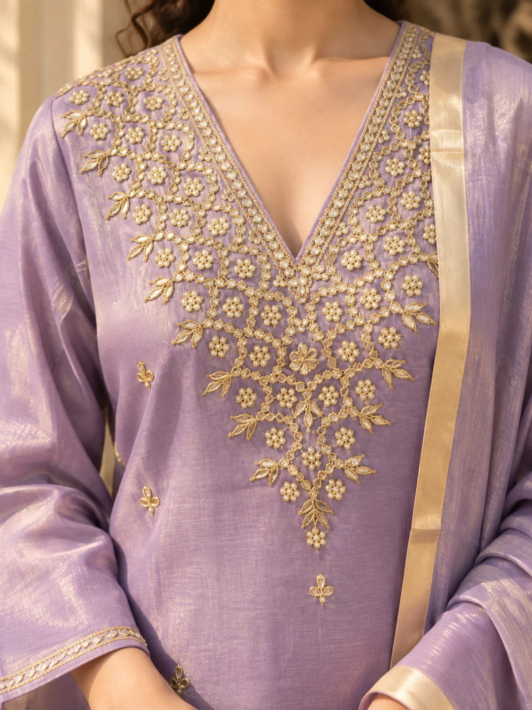 Lilac Embroidered Yoke Kurta Set with Dupatta in Tissue