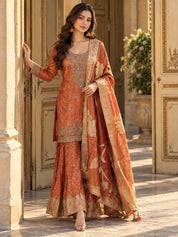 Rust Orange Embroidered Kurta Set with Dupatta in Crepe