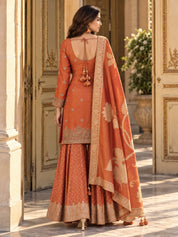 Rust Orange Embroidered Kurta Set with Dupatta in Crepe