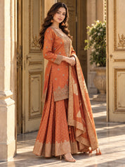 Rust Orange Embroidered Kurta Set with Dupatta in Crepe