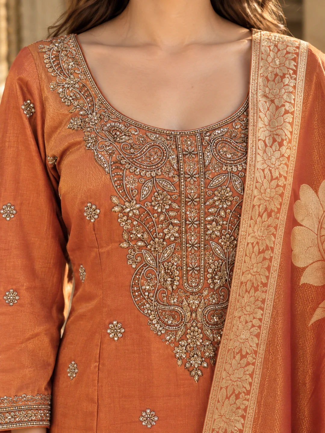 Rust Orange Embroidered Kurta Set with Dupatta in Crepe