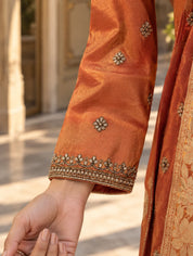 Rust Orange Embroidered Kurta Set with Dupatta in Crepe