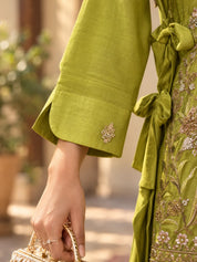 Lime Green Embroidered Tie-Up 3 Piece Co-ord Set in Tissue