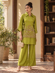Lime Green Embroidered Tie-Up 3 Piece Co-ord Set in Tissue