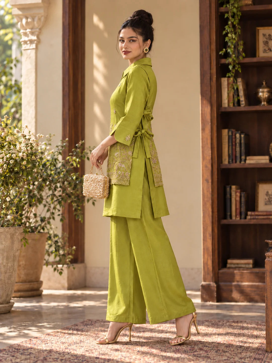 Lime Green Embroidered Tie-Up 3 Piece Co-ord Set in Tissue