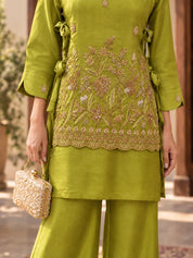 Lime Green Embroidered Tie-Up 3 Piece Co-ord Set in Tissue