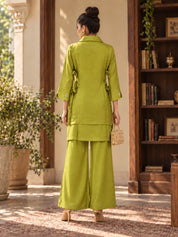 Lime Green Embroidered Tie-Up 3 Piece Co-ord Set in Tissue