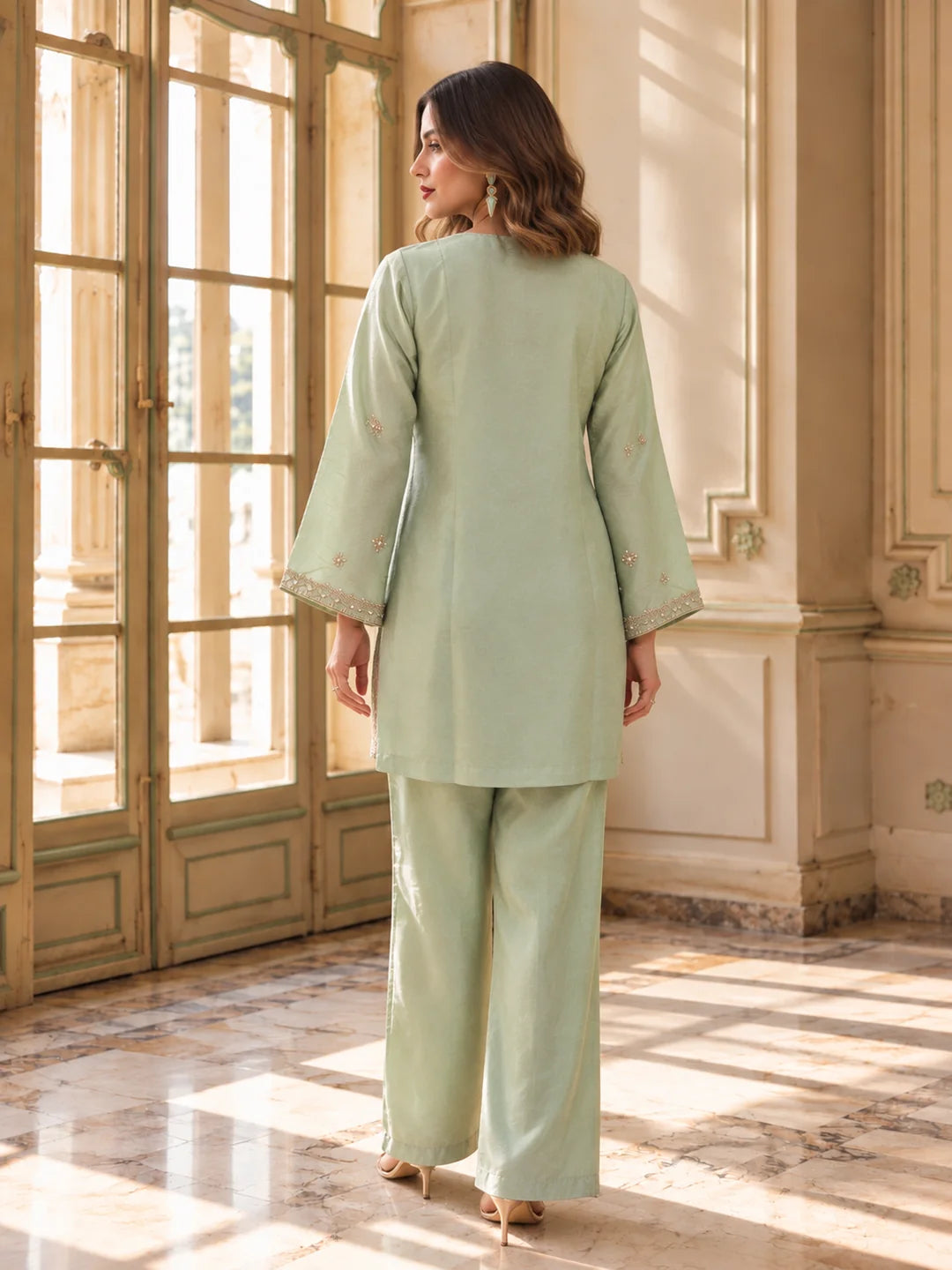 Pista Green Sequin Embellished 3 Piece Co-ord Set in Shimmer Tissue