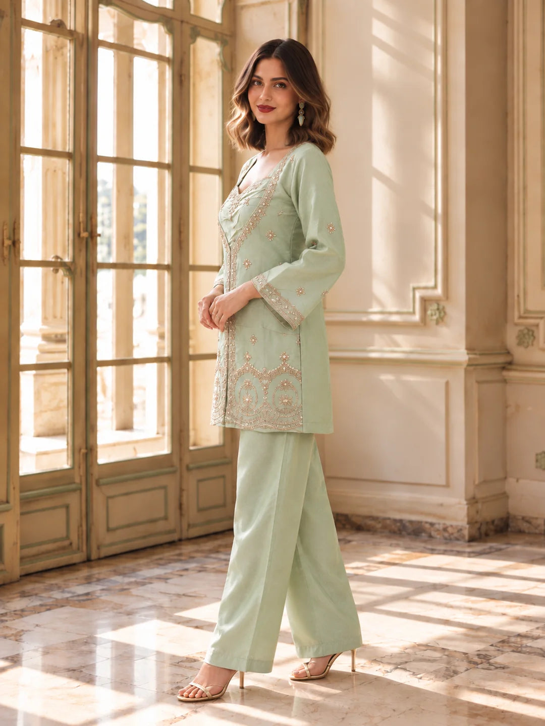 Pista Green Sequin Embellished 3 Piece Co-ord Set in Shimmer Tissue