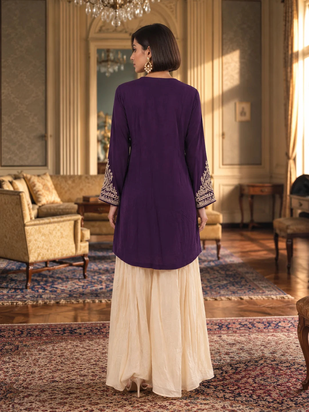 Violet Sequin Embroidered Fusion 2-Piece Set in Chinon