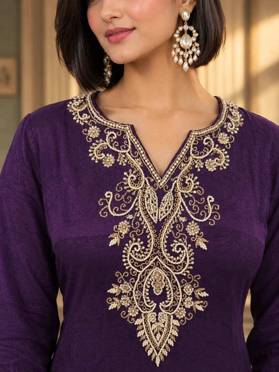 Violet Sequin Embroidered Fusion 2-Piece Set in Chinon