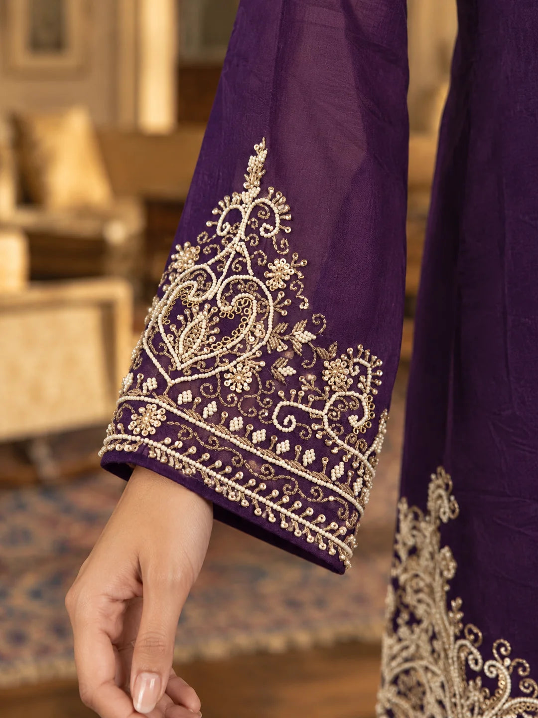 Violet Sequin Embroidered Fusion 2-Piece Set in Chinon