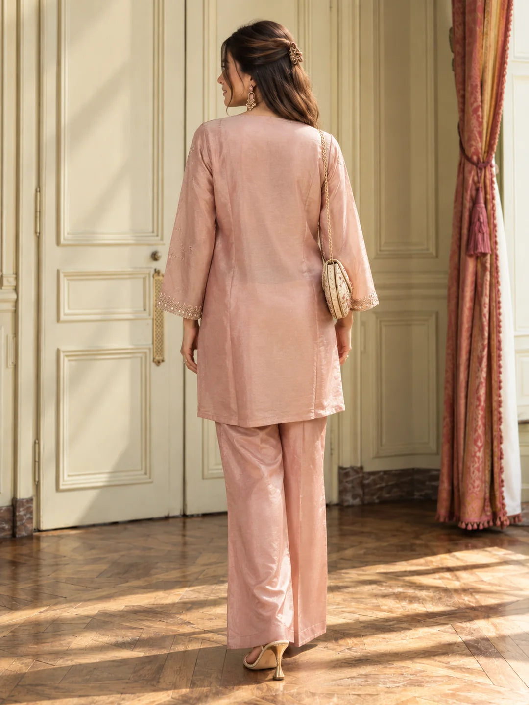 Mauve Pink Sequin Embellished 3 Piece Co-ord Set in Shimmer Tissue