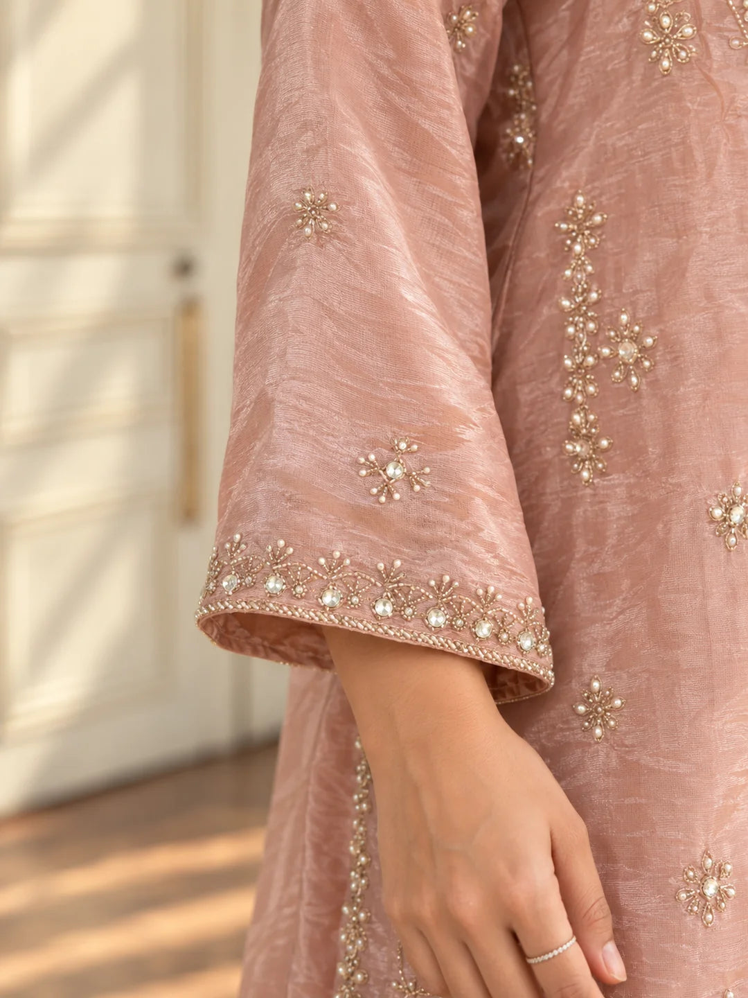 Mauve Pink Sequin Embellished 3 Piece Co-ord Set in Shimmer Tissue